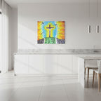 A colourful hand-drawn religious art print depicting a crucifix with Jesus on a hill, surrounded by blue and yellow light rays, with swords and crosses on a hillside below, shown against a plain white background.