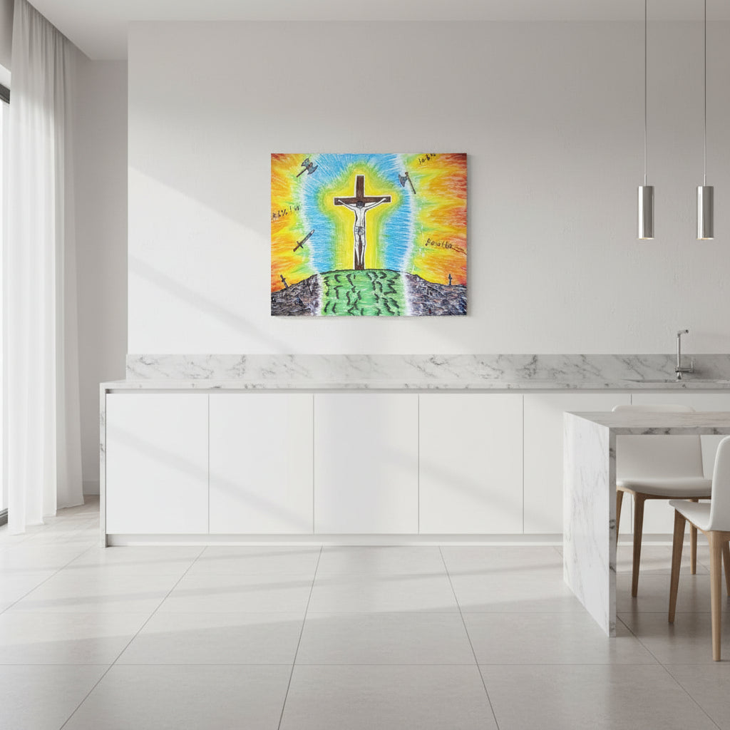 A colourful hand-drawn religious art print depicting a crucifix with Jesus on a hill, surrounded by blue and yellow light rays, with swords and crosses on a hillside below, shown against a plain white background.