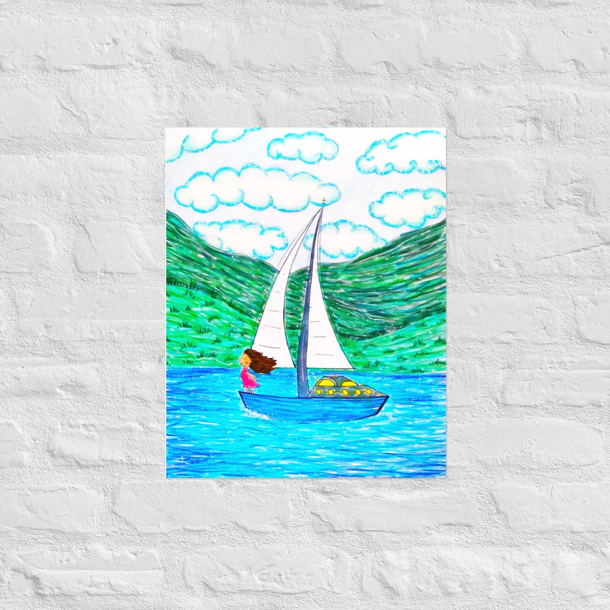 Freedom poster in sizes: 12″×16″, 16″×20″ and 24″×36″, with a girl on a sailboat sailing across the ocean – AllThingsGoode