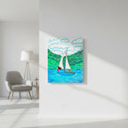 Freedom poster in sizes: 12″×16″, 16″×20″ and 24″×36″, with a girl on a sailboat sailing across the ocean – AllThingsGoode