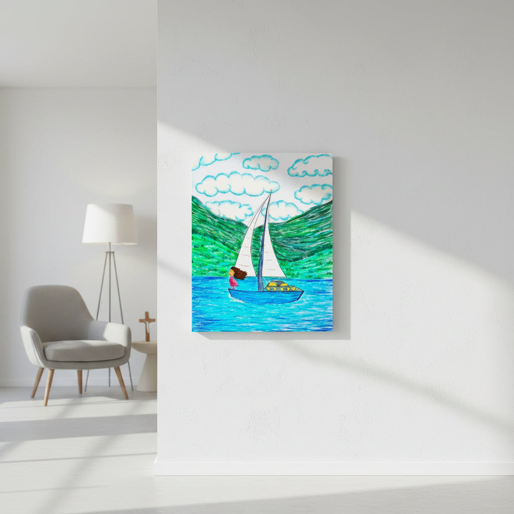 Freedom poster in sizes: 12″×16″, 16″×20″ and 24″×36″, with a girl on a sailboat sailing across the ocean – AllThingsGoode