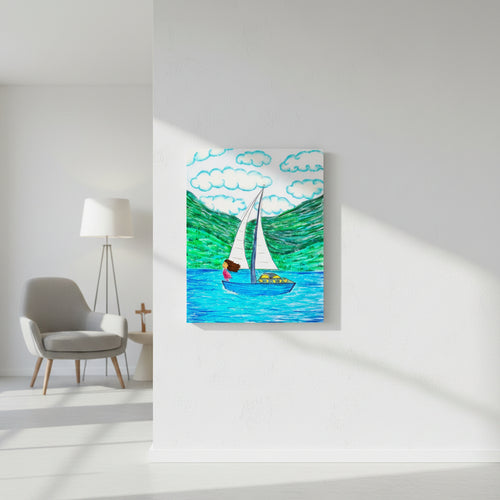 Freedom poster in sizes: 12″×16″, 16″×20″ and 24″×36″, with a girl on a sailboat sailing across the ocean – AllThingsGoode