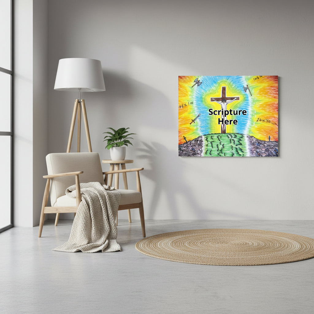 The Ultimate Sacrifice 16x20 personalised poster featuring Jesus on the cross with curse words and weapons being thrown at Him but surrounding Him is a radiant light – AllThingsGoode 