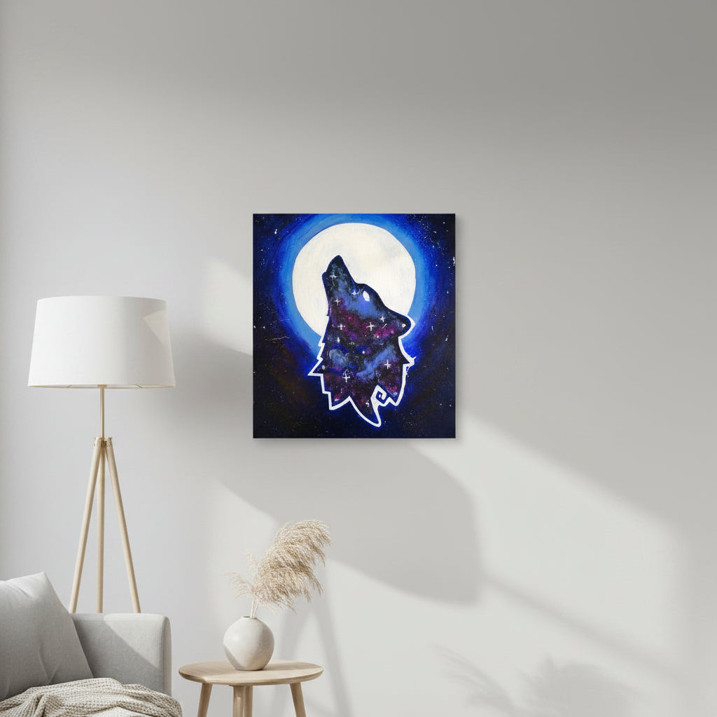 Galaxy Wolf 16x20 personalised poster featuring a howling galaxy-painted wolf with a full moon in the background – AllThingsGoode