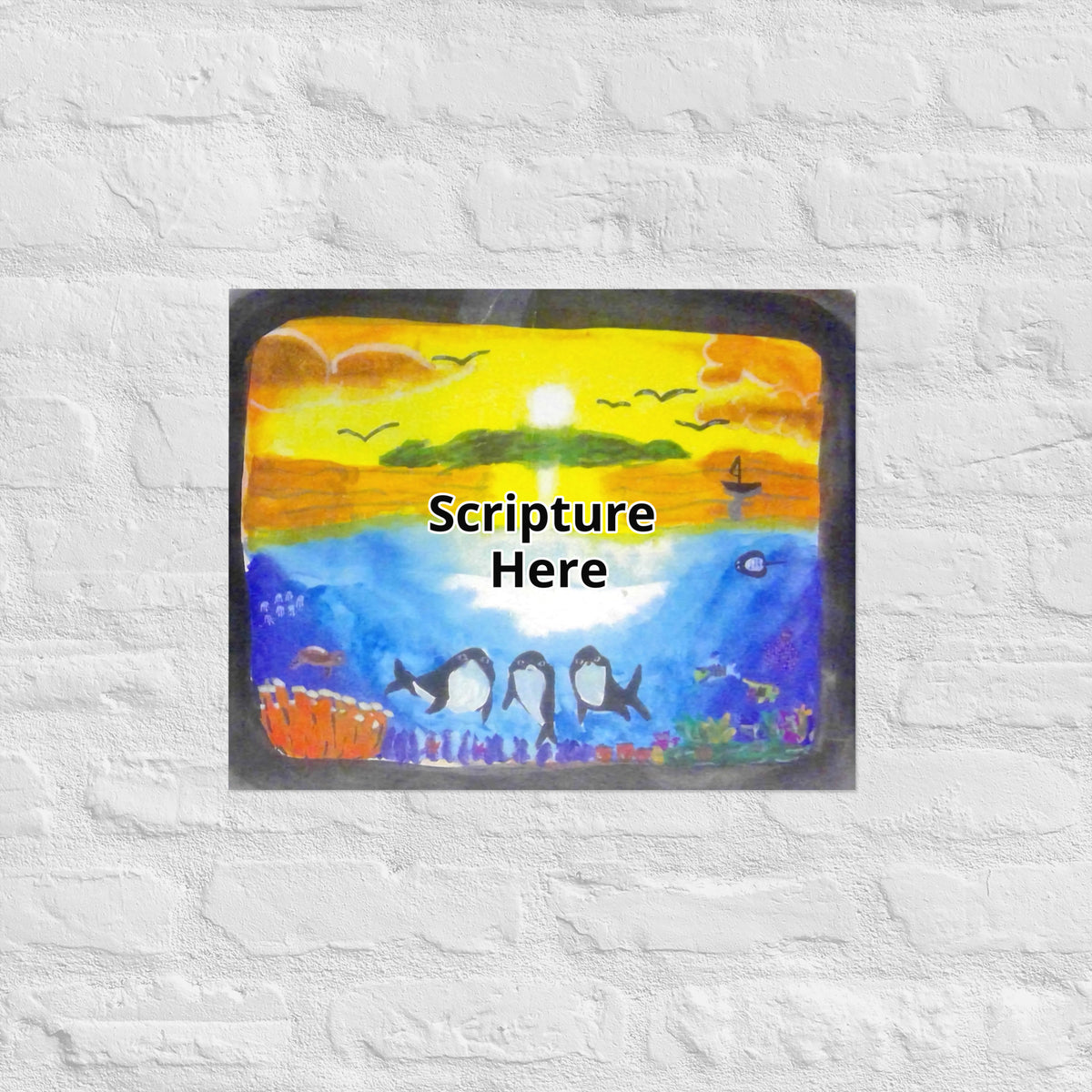 Dolfriends 16x20 personalised poster featuring three dolphin friends in the beautiful ocean with a sunset in the background – AllThingsGoode