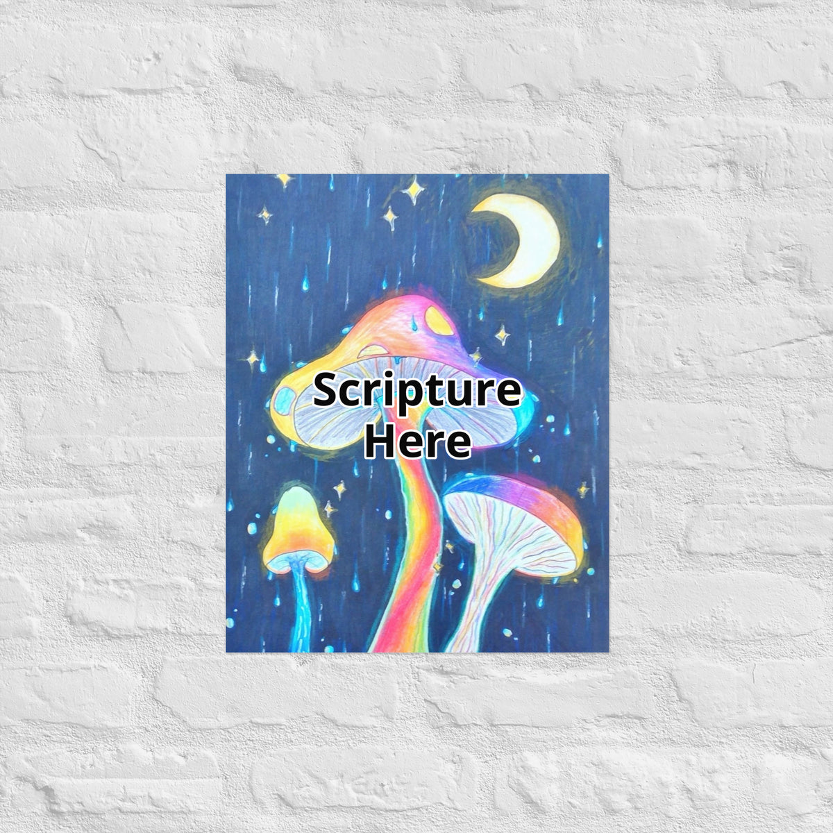 Glowing Mushrooms 16x20 personalised poster featuring 3 glowing mushrooms with a rainy midnight background with a crescent moon – AllThingsGoode