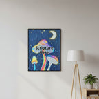 Glowing Mushrooms 16x20 personalised poster featuring 3 glowing mushrooms with a rainy midnight background with a crescent moon – AllThingsGoode