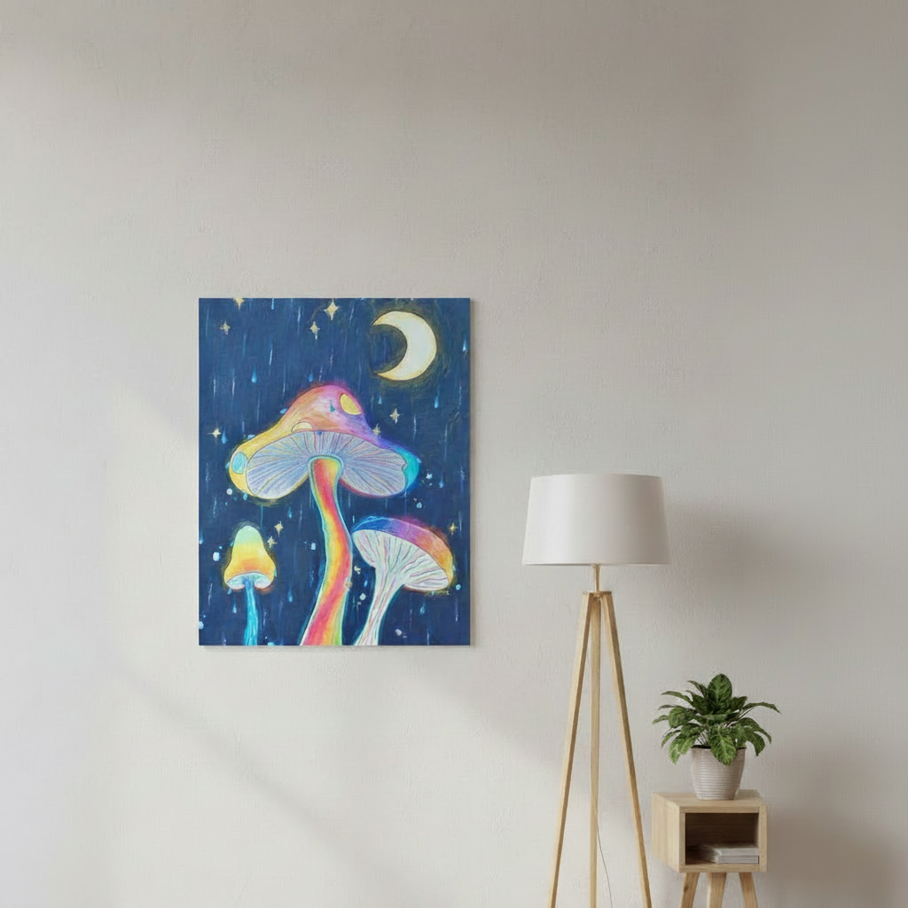 Glowing Mushrooms 16x20 personalised poster featuring 3 glowing mushrooms with a rainy midnight background with a crescent moon – AllThingsGoode
