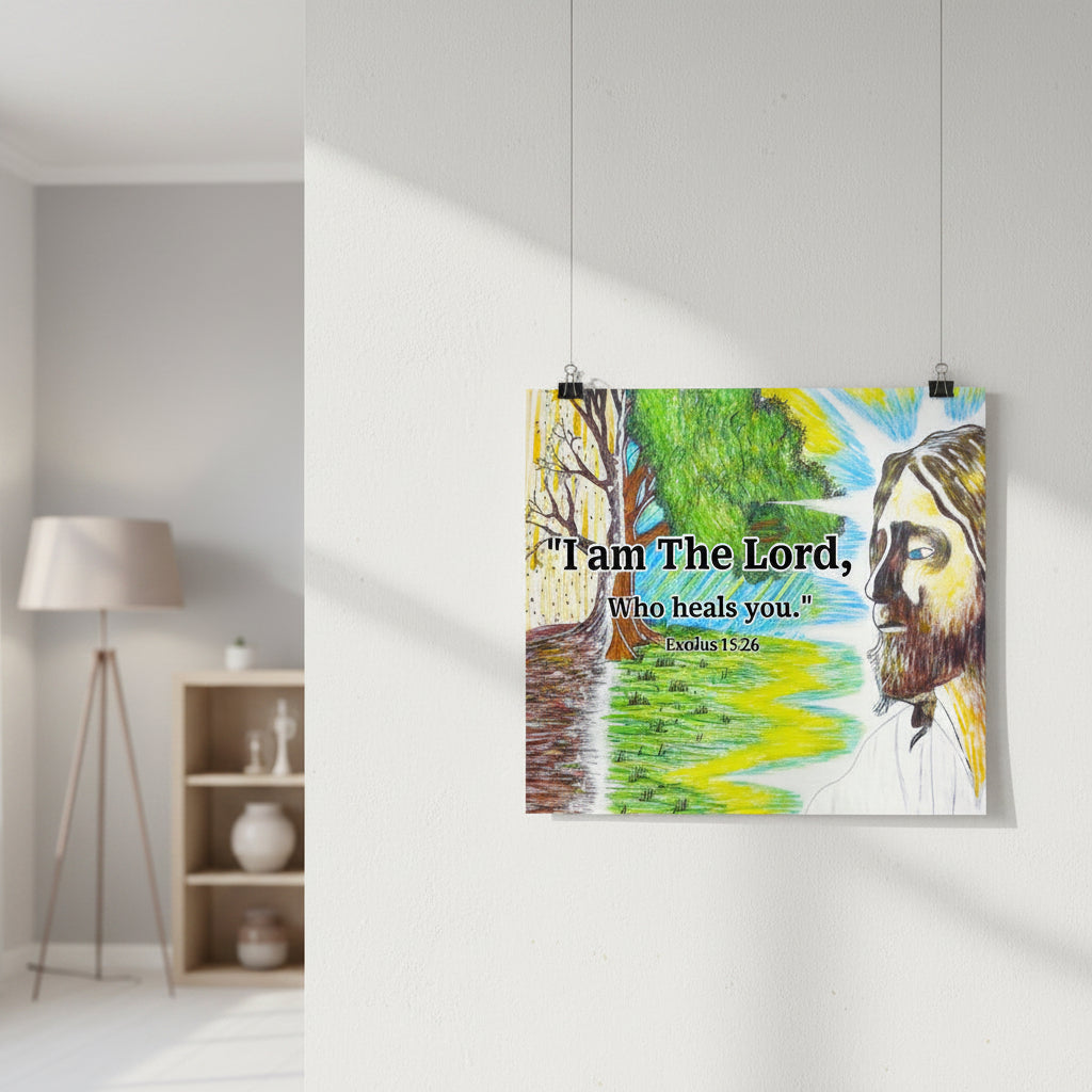 Poster with a religious illustration of a man and trees, featuring the text 'I am The Lord, Who heals you.' Exodus 15:26'.