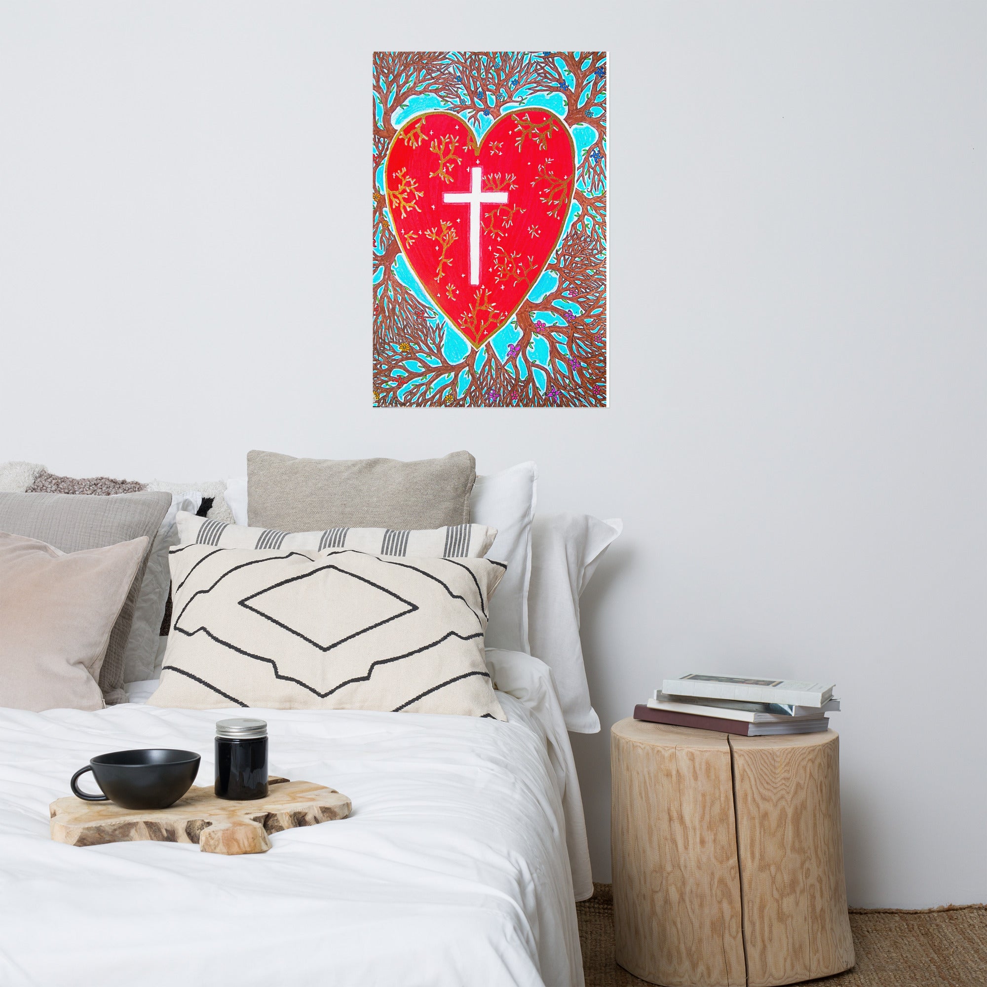 Bedroom with a heart-shaped artwork on the wall, featuring a cross inside a red heart.