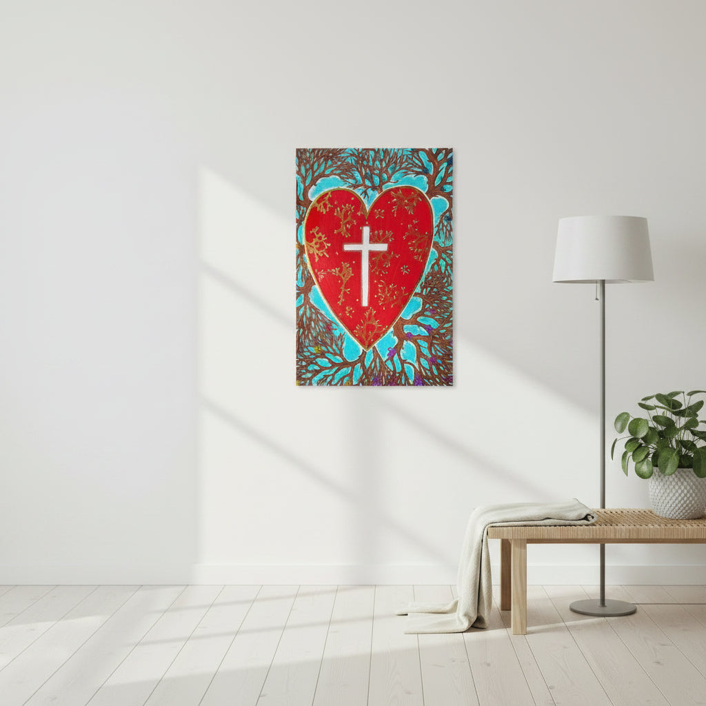 Poster with a red heart design featuring a white cross on a coral and blue background