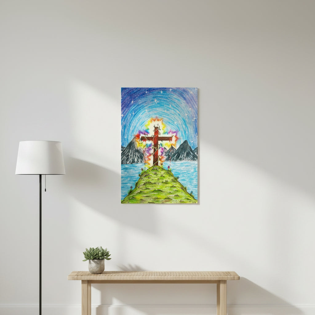 Colorful illustration of a cross on an island with mountains and starry sky in the background