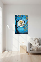 Painting of a tree with yellow leaves against a blue sky with stars, featuring two silhouettes on a branch.