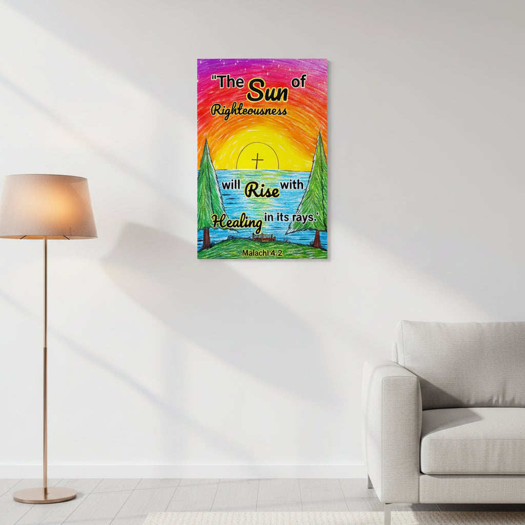 Poster with a sunrise design with Malachi 4:2, "The sun of righteousness will rise with healing in its rays."