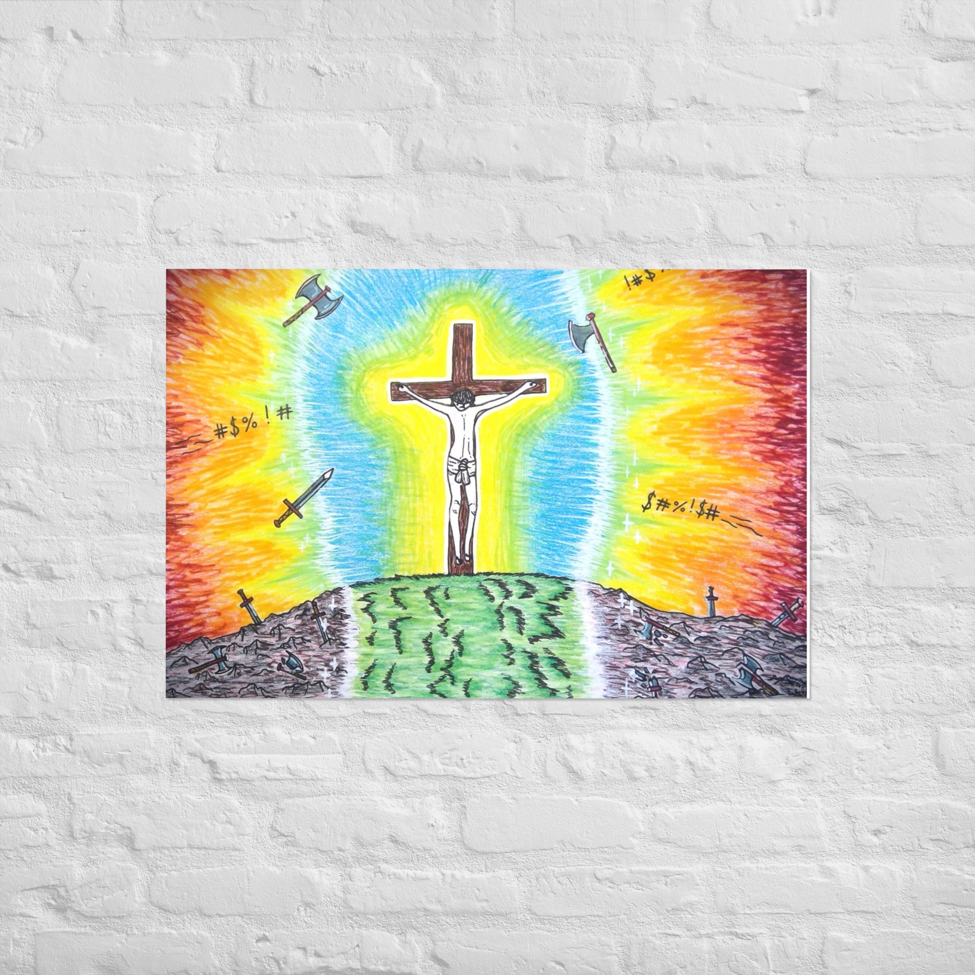 A colourful hand-drawn religious art print depicting a crucifix with Jesus on a hill, surrounded by blue and yellow light rays, with swords and crosses on a hillside below, shown against a plain white background.