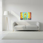 A colourful hand-drawn religious art print depicting a crucifix with Jesus on a hill, surrounded by blue and yellow light rays, with swords and crosses on a hillside below, shown against a plain white background.