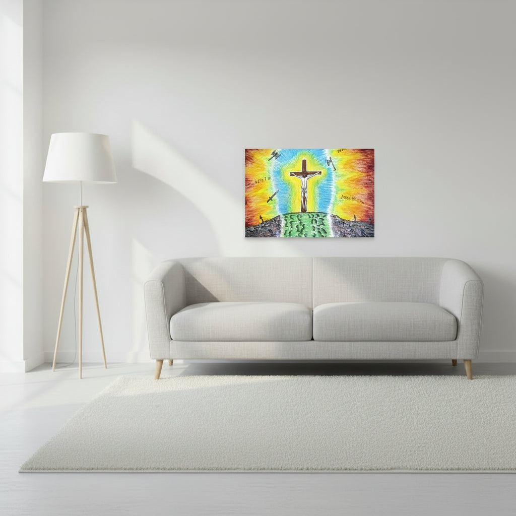 A colourful hand-drawn religious art print depicting a crucifix with Jesus on a hill, surrounded by blue and yellow light rays, with swords and crosses on a hillside below, shown against a plain white background.