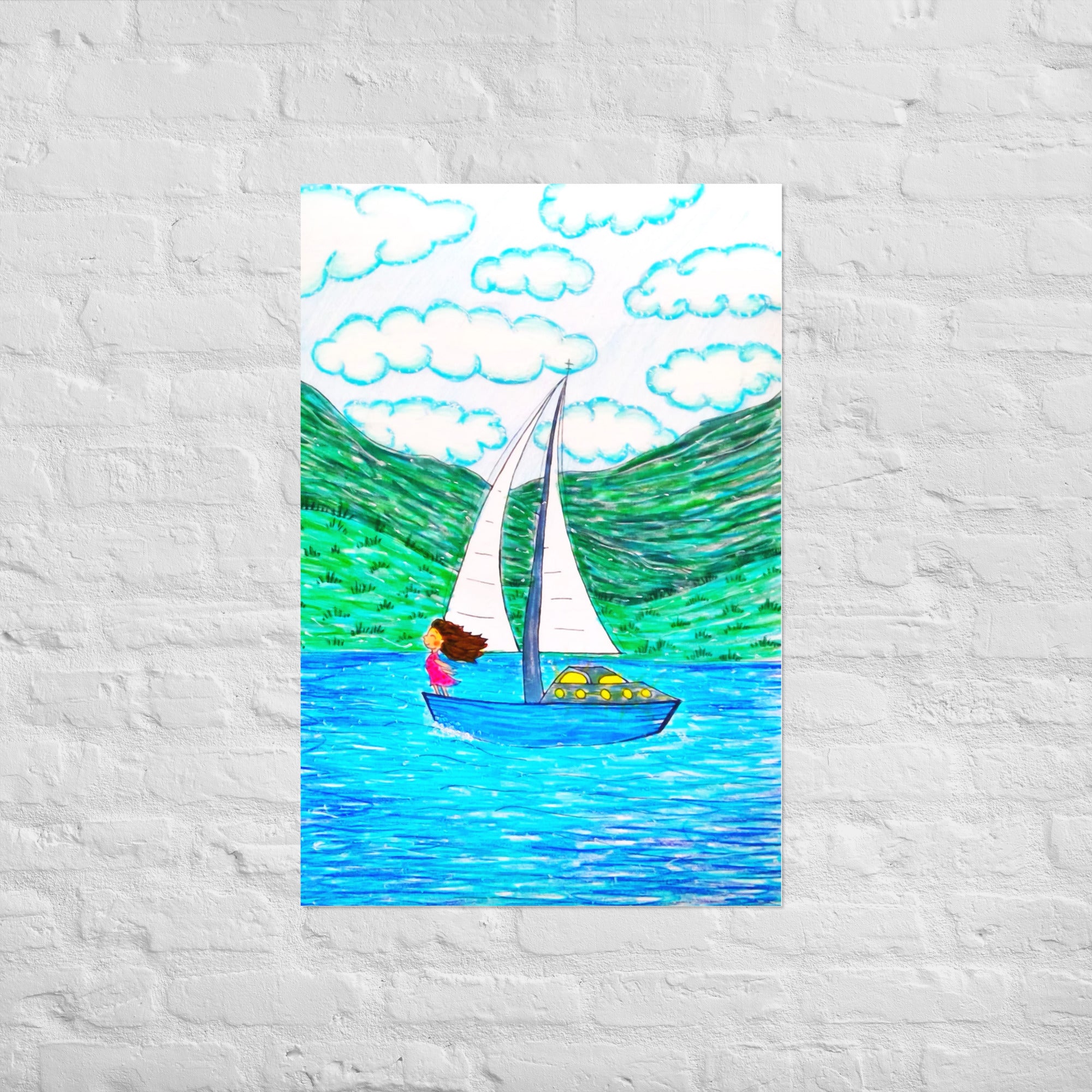 Freedom poster in sizes: 12″×16″, 16″×20″ and 24″×36″, with a girl on a sailboat sailing across the ocean – AllThingsGoode