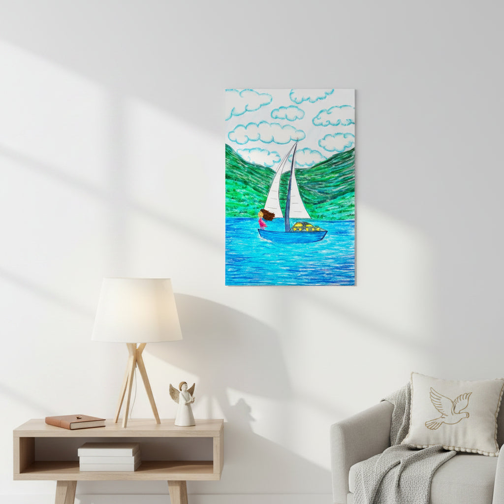 Freedom poster in sizes: 12″×16″, 16″×20″ and 24″×36″, with a girl on a sailboat sailing across the ocean – AllThingsGoode