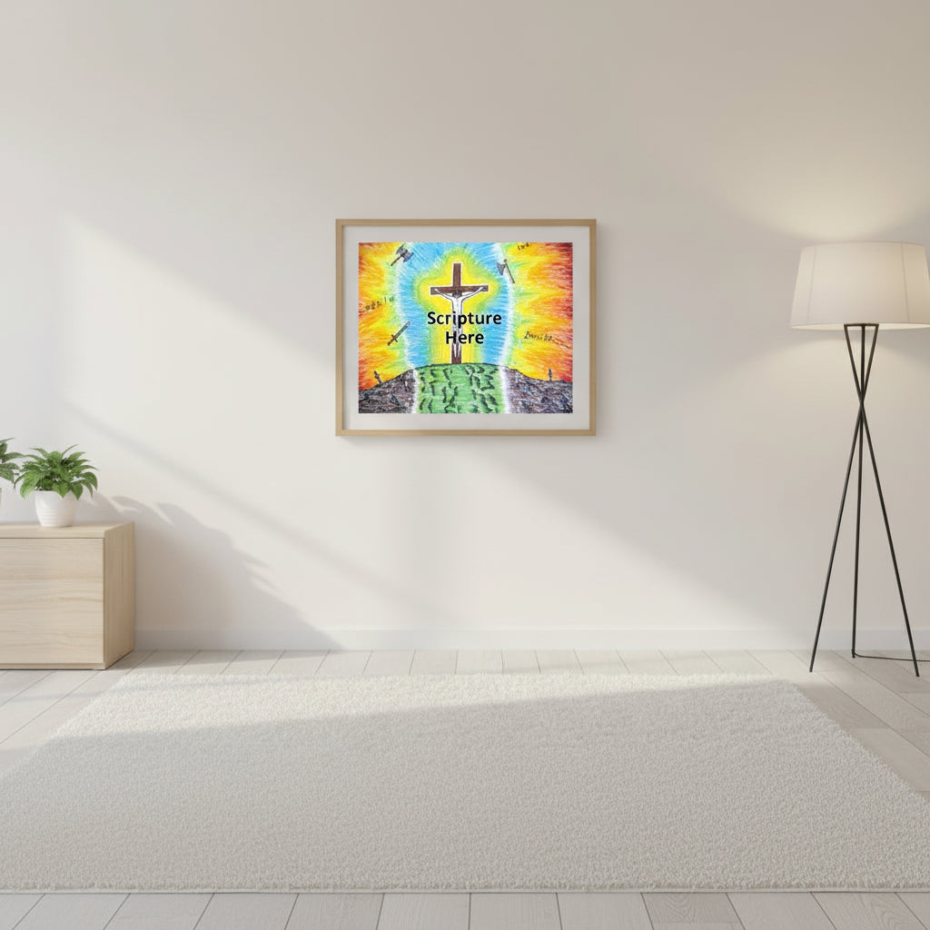 The Ultimate Sacrifice 24x36 personalised poster featuring Jesus on the cross with curse words and weapons being thrown at Him but surrounding Him is a radiant light – AllThingsGoode 