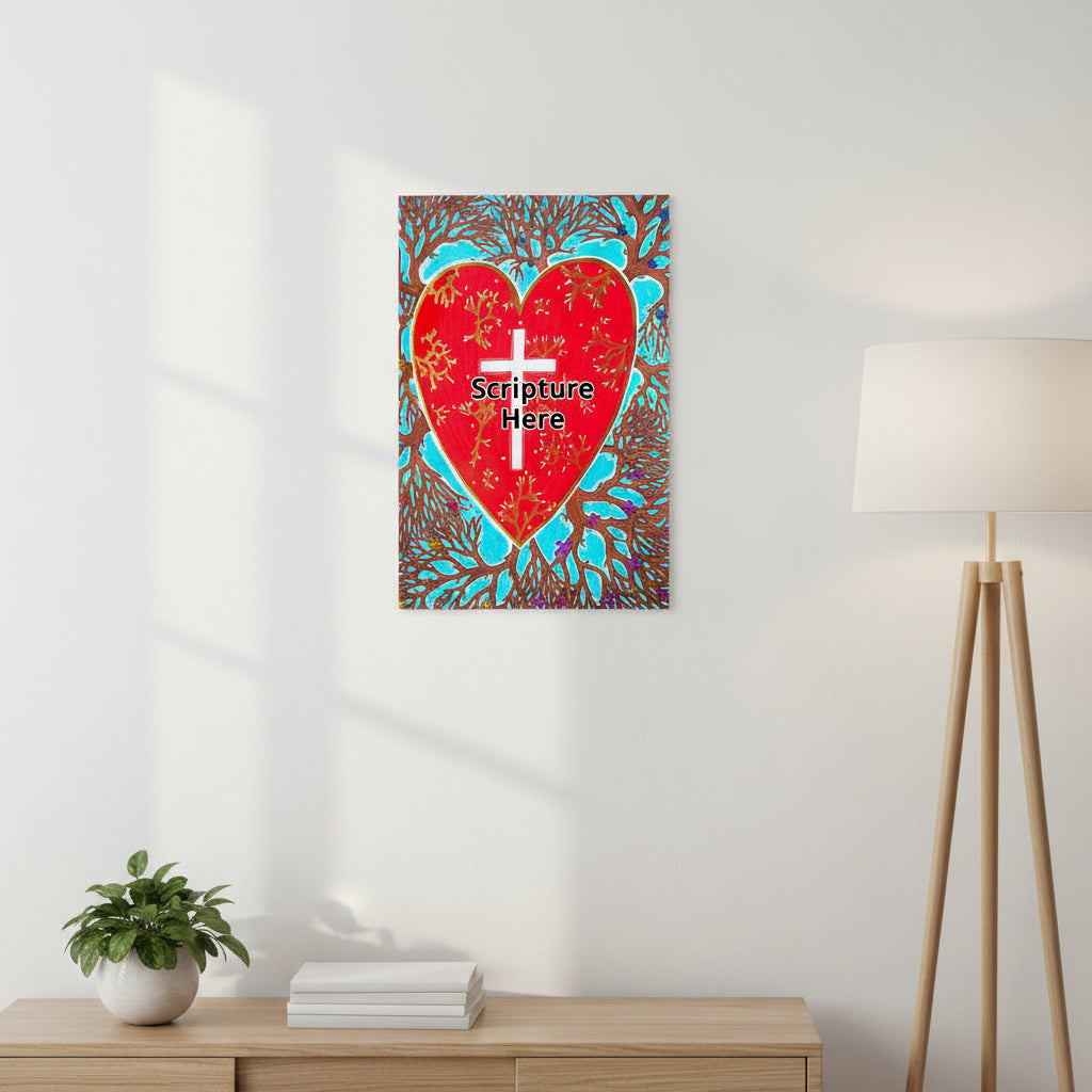 Rooted In Love 24x36 poster featuring a red heart with a cross inside of it and roots coming out of the heart – AllThingsGoode