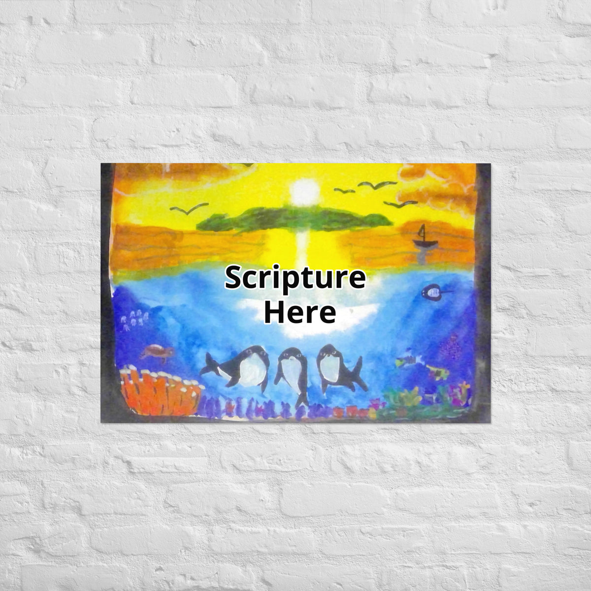 Dolfriends 24x36 personalised poster featuring three dolphin friends in the beautiful ocean with a sunset in the background – AllThingsGoode
