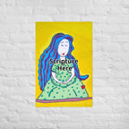 Mother 24x36 personalised poster featuring a loving and caring blue haired mother with a yellow background – AllThingsGoode