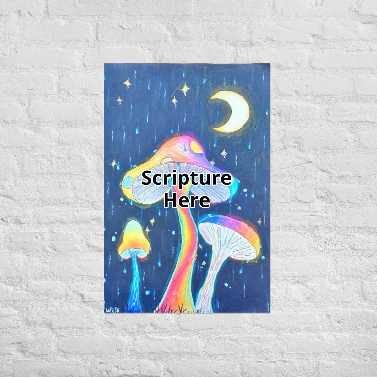 Glowing Mushrooms 24x36 personalised poster featuring 3 glowing mushrooms with a rainy midnight background with a crescent moon – AllThingsGoode