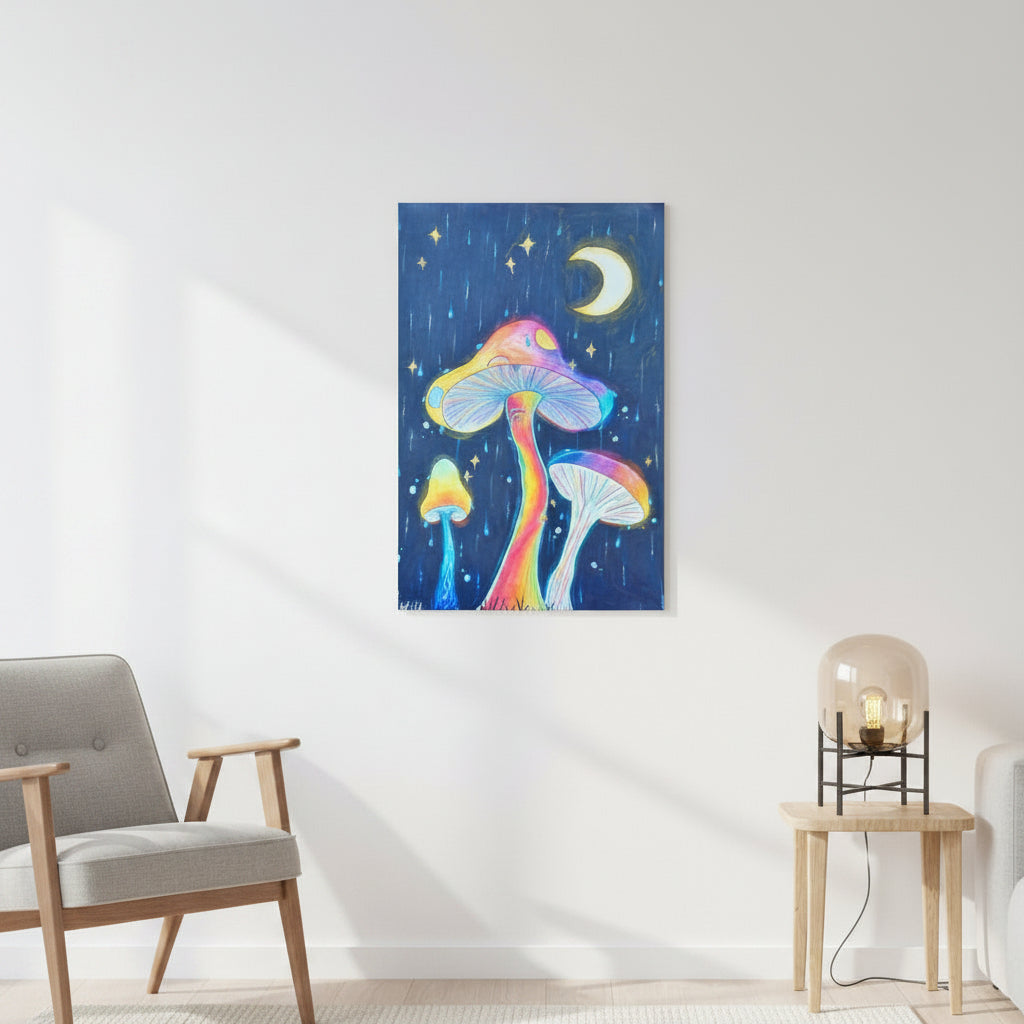 Glowing Mushrooms 24x36 personalised poster featuring 3 glowing mushrooms with a rainy midnight background with a crescent moon – AllThingsGoode