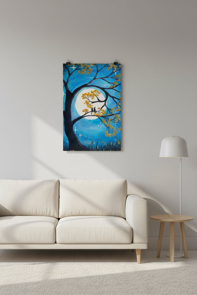 Art print of a tree with yellow leaves against a blue sky with stars, featuring two silhouettes on a branch.
