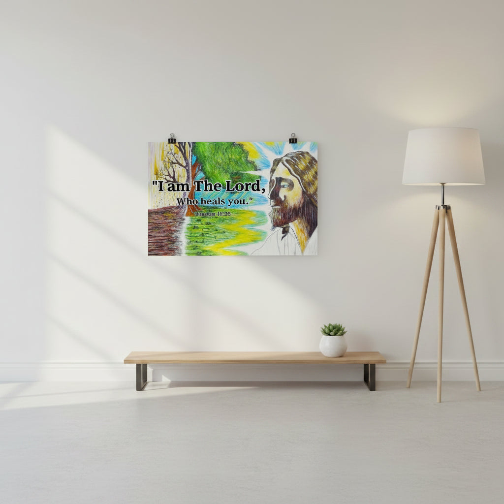Poster with a stylized illustration of a bearded figure and nature scene, featuring the text 'I am The Lord, Who heals you.' from Exodus 15:26.