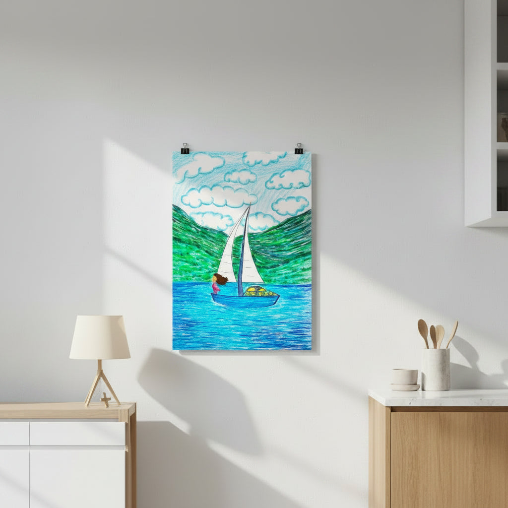 Freedom poster in sizes: 12″×16″, 16″×20″ and 24″×36″, with a girl on a sailboat sailing across the ocean – AllThingsGoode
