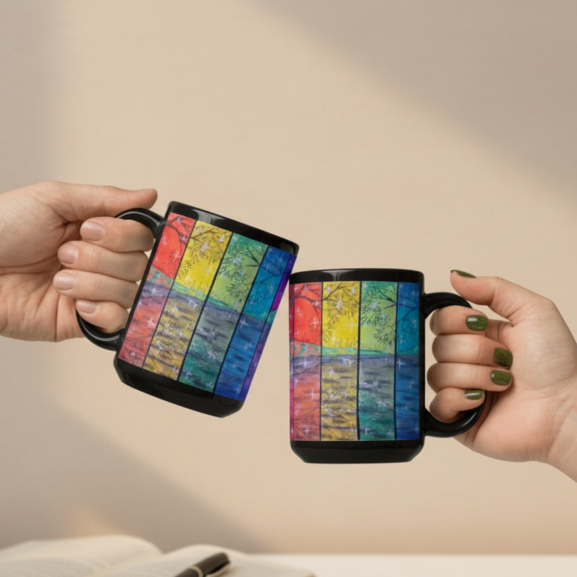 Rainbow Reflections white 15oz personalised mug featuring the colour of the rainbow with trees and stars – AllThingsGoode