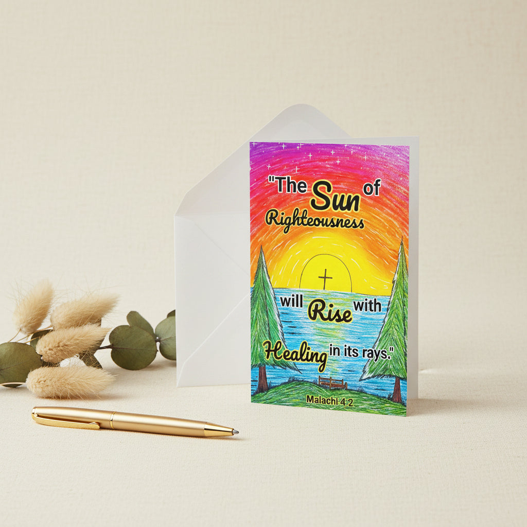 A greeting card with a sunrise design and text that says, "The sun of righteousness will rise with healing in its rays." -Malachi 4:2.