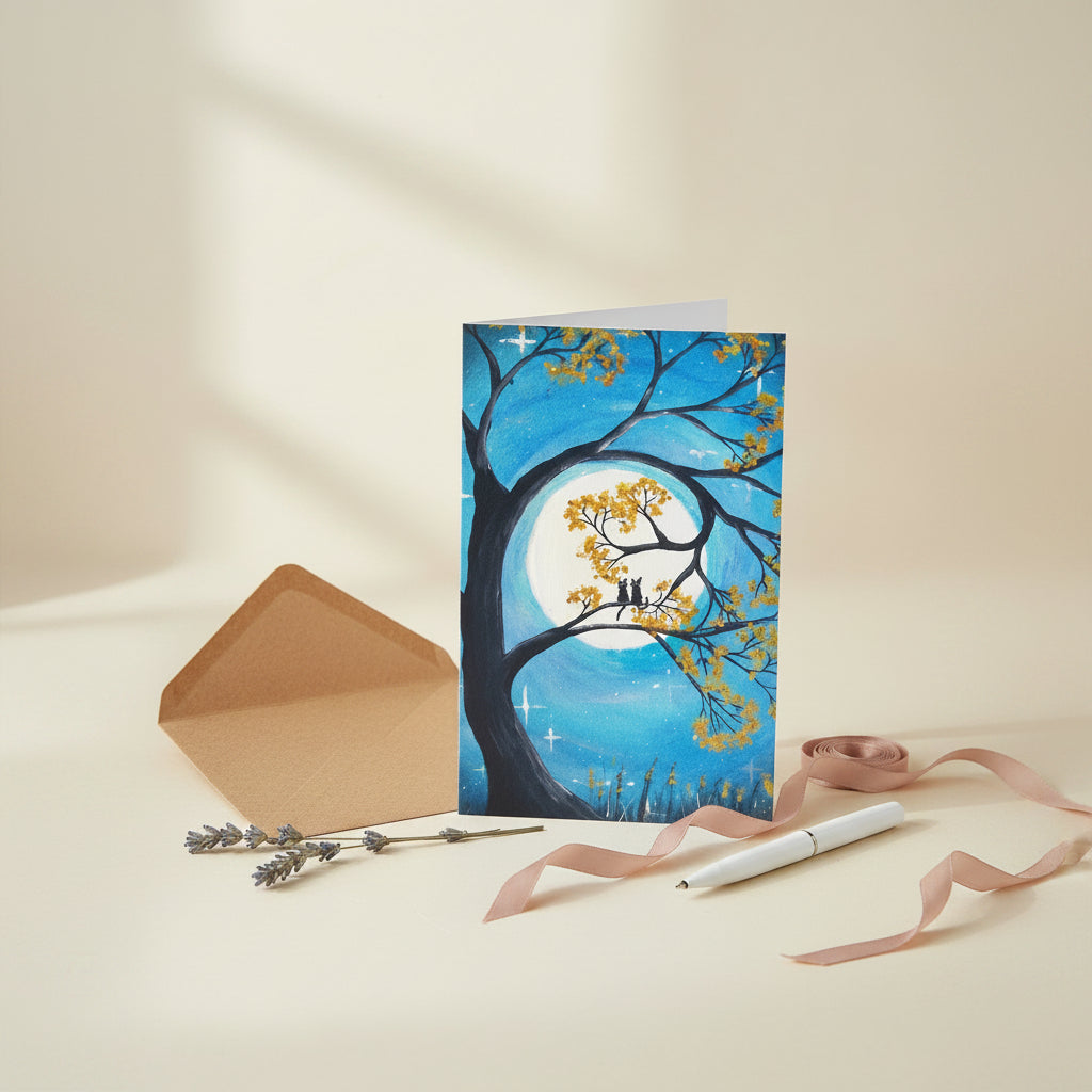 A greeting card with a full moon and two cats design.