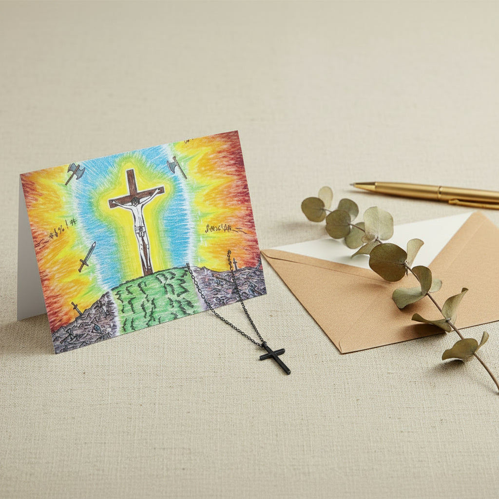 A colorful religious art print or card featuring a crucifix scene, shown standing on a white background. The artwork depicts a glowing cross with a bright blue and yellow center, fiery orange and red sky, green ground.