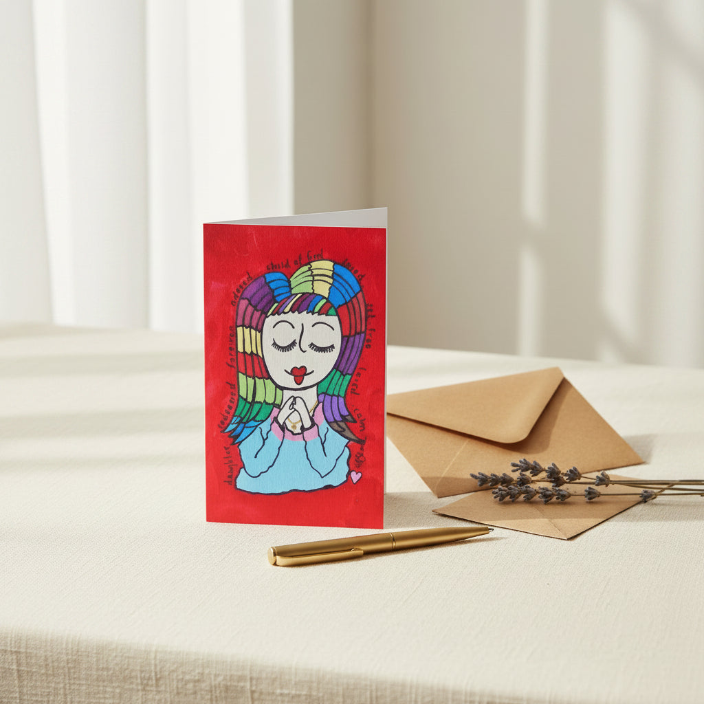 Child of God 4x6 greeting card with a rainbow haired girl with encouraging words around her – AllThingsGoode