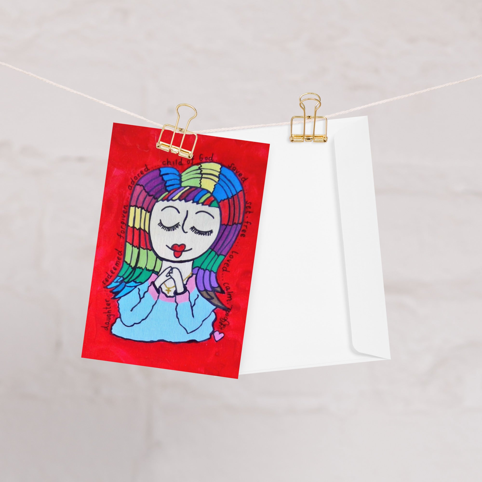 Child of God 4x6 greeting card with a rainbow haired girl with encouraging words around her – AllThingsGoode