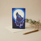 Galaxy Wolf 4x6 greeting card featuring a howling galaxy painted wolf with a full moon in the background – AllThingsGoode