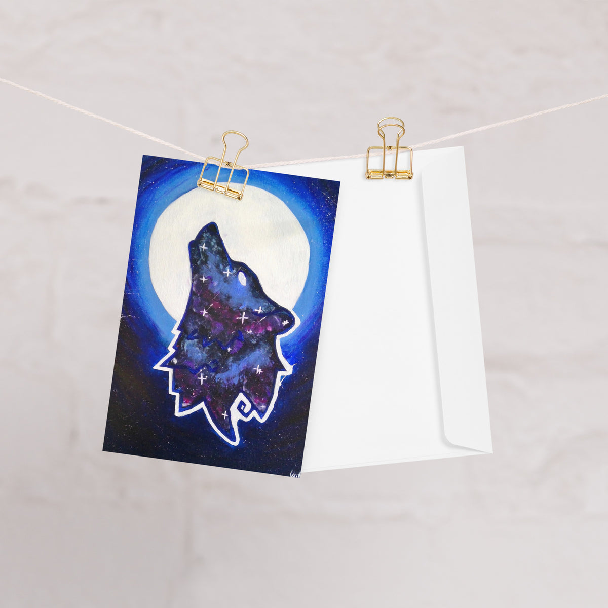 Galaxy Wolf 4x6 greeting card featuring a howling galaxy painted wolf with a full moon in the background – AllThingsGoode