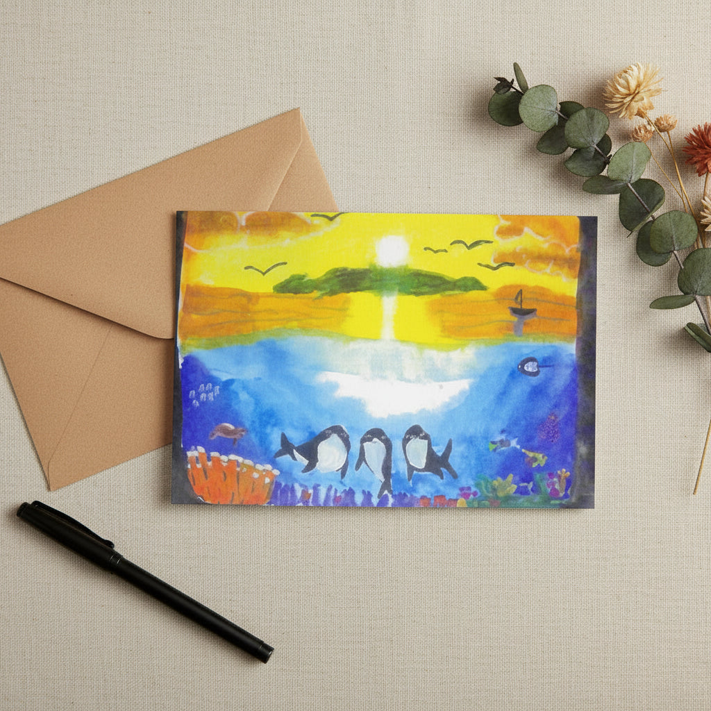 Dolfriends 4x6 greeting card featuring three dolphin friends in a colourful ocean with a sunset in the distance – AllThingsGoode