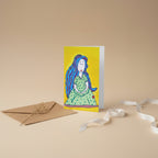 Mother 4x6 greeting card featuring a pregnant mother with blue hair and a yellow background – AllThingsGoode