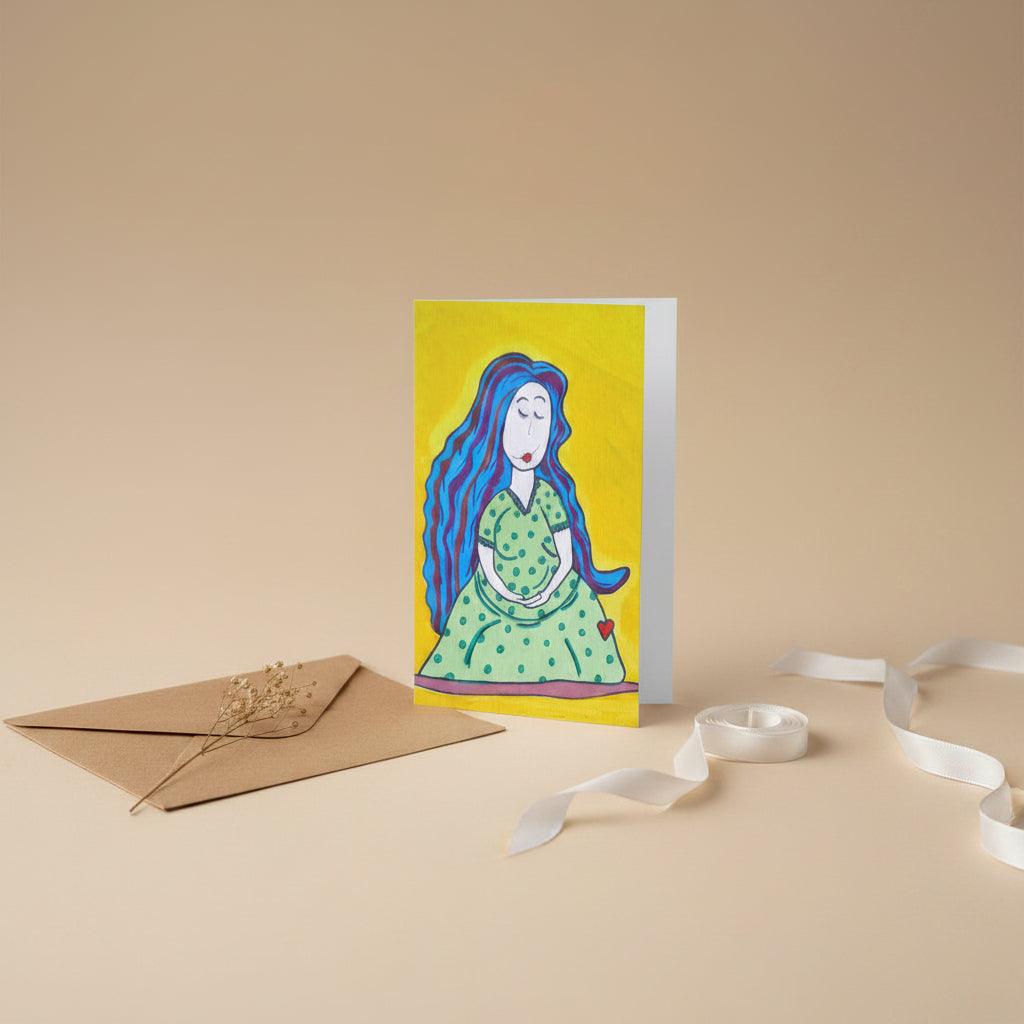 Mother 4x6 greeting card featuring a pregnant mother with blue hair and a yellow background – AllThingsGoode