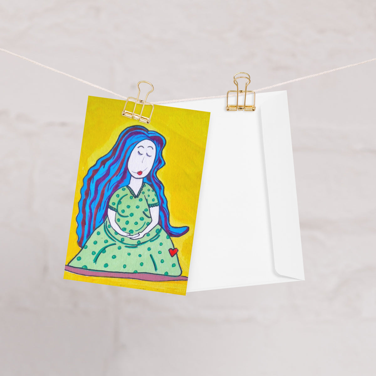 Mother 4x6 greeting card featuring a pregnant mother with blue hair and a yellow background – AllThingsGoode