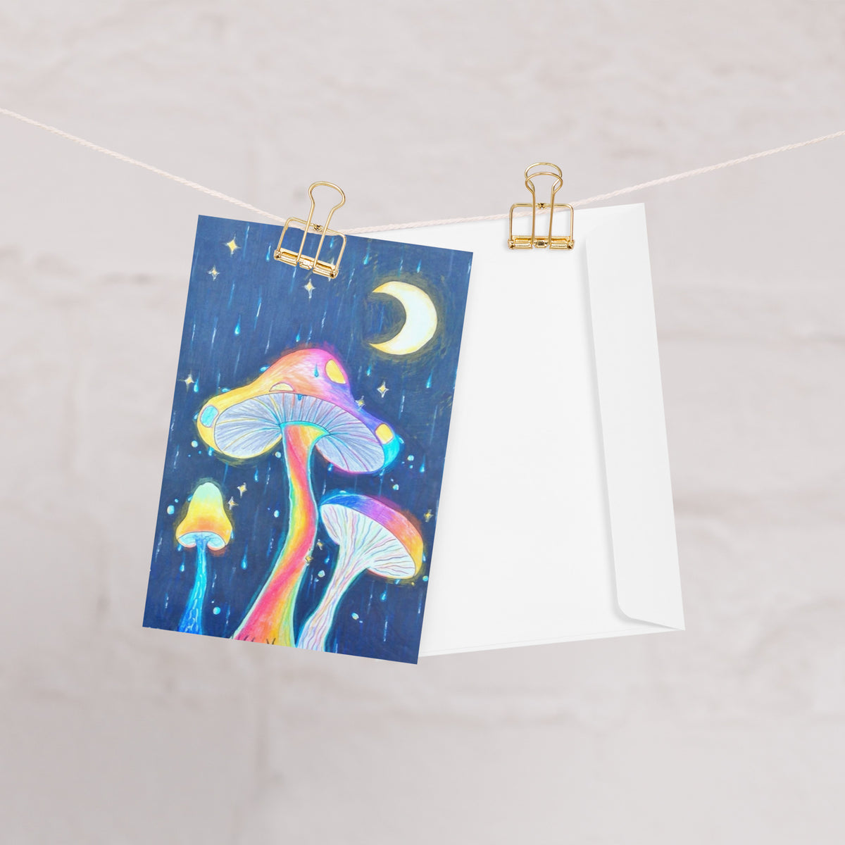 Glowing Mushrooms 4x6 greeting card featuring 3 glowing mushrooms with a rainy midnight background and moon – AllThingsGoode