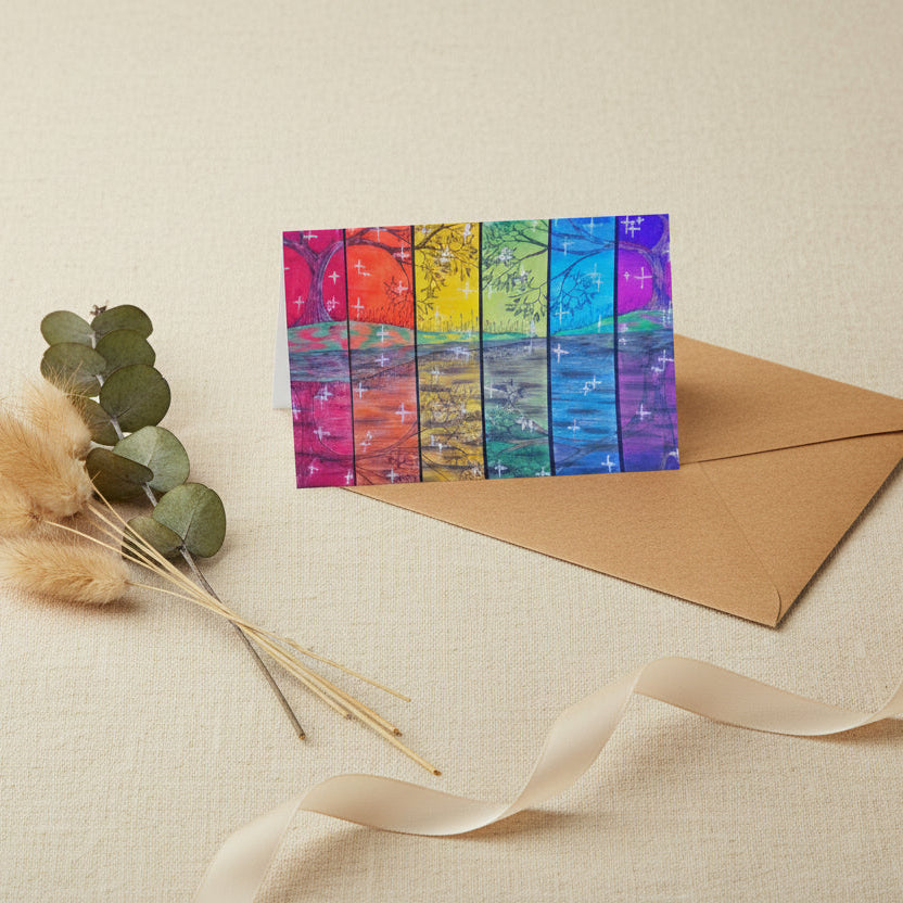 Rainbow Reflections 4x6 greeting card featuring the colours of the rainbow with trees and stars – AllThingsGoode