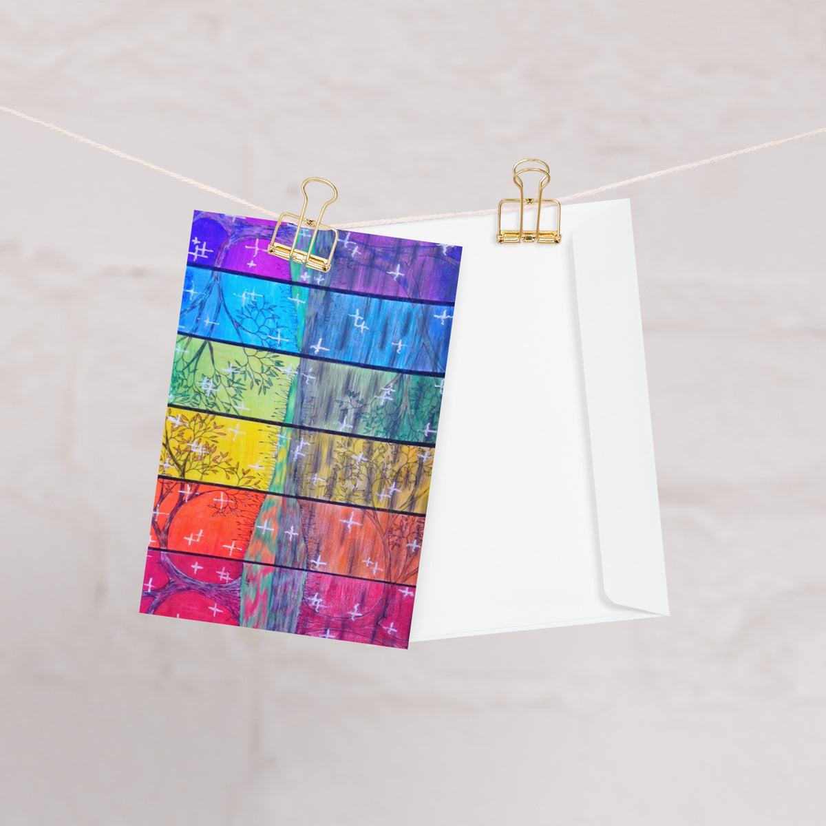 Rainbow Reflections 4x6 greeting card featuring the colours of the rainbow with trees and stars – AllThingsGoode