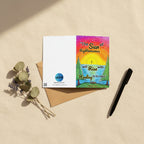 A greeting card with a sunrise design and text that says, "The sun of righteousness will rise with healing in its rays." -Malachi 4:2.
