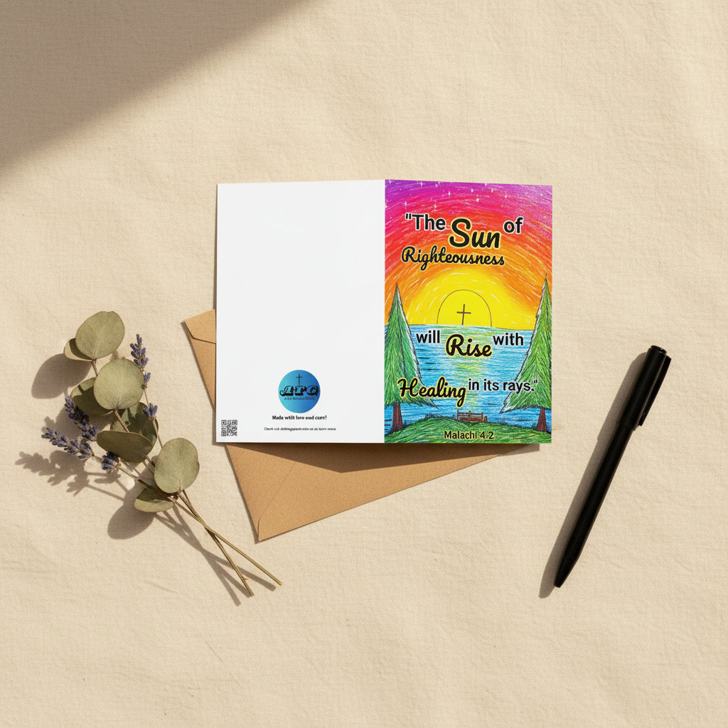 A greeting card with a sunrise design and text that says, "The sun of righteousness will rise with healing in its rays." -Malachi 4:2.
