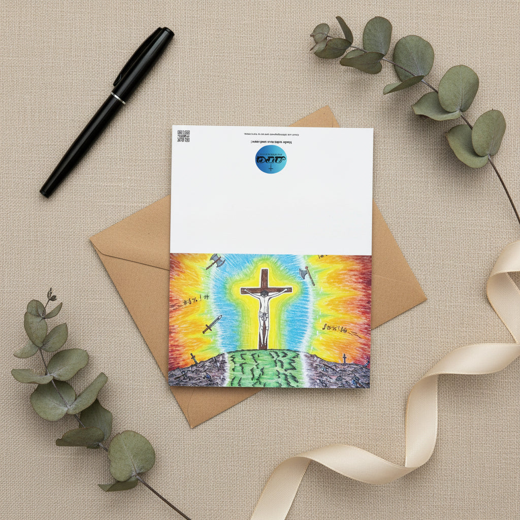 A white rectangular greeting card featuring a colourful illustration of Jesus' sacrifice with a radiant blue, yellow, and orange glow.